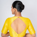 Yellow Raw Silk V - Neck Blouse with Diamond Cut Back & Elbow Sleeves - Anvi Couture