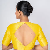 Yellow Raw Silk V - Neck Blouse with Diamond Cut Back & Elbow Sleeves - Anvi Couture