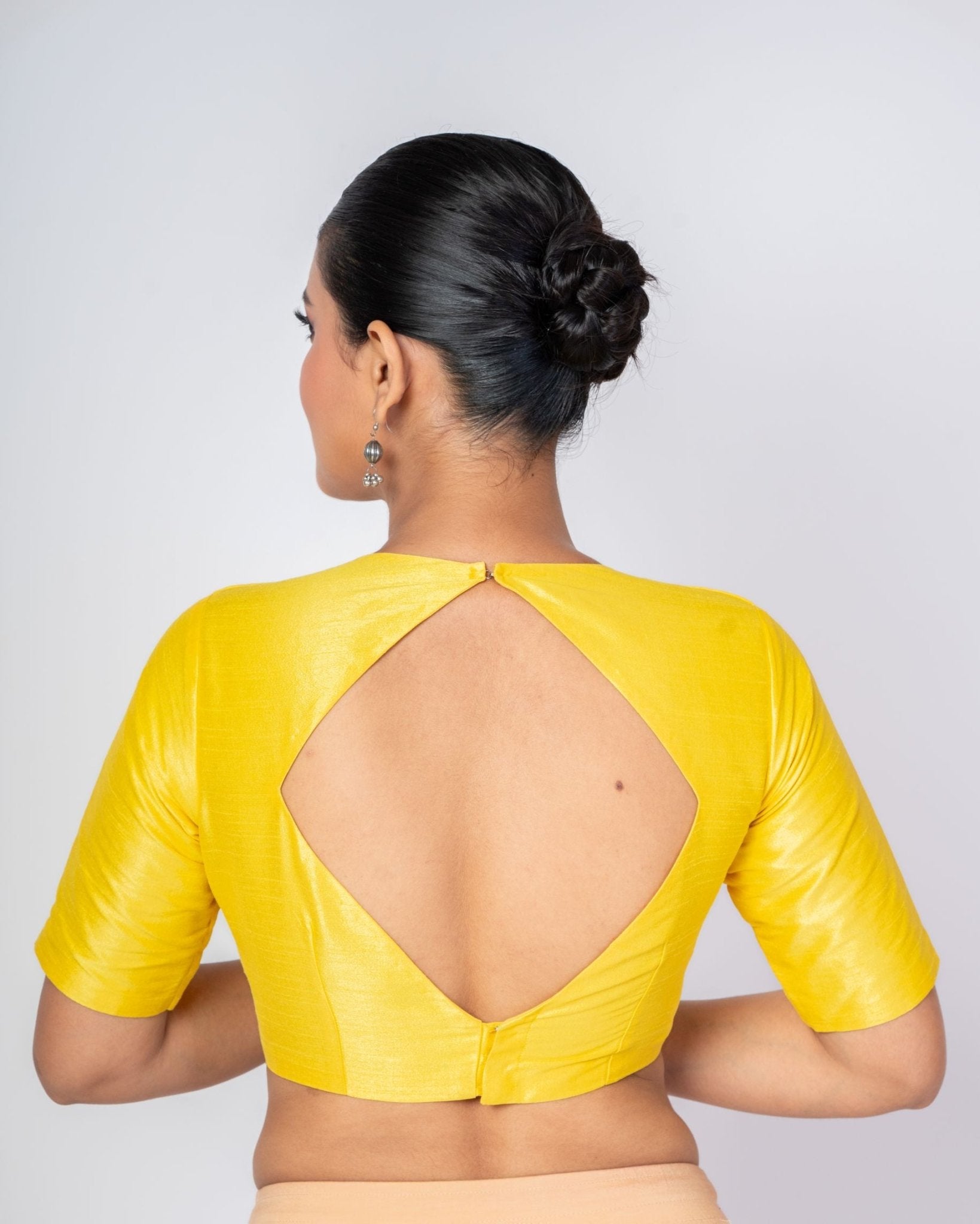 Yellow Raw Silk V - Neck Blouse with Diamond Cut Back & Elbow Sleeves - Anvi Couture