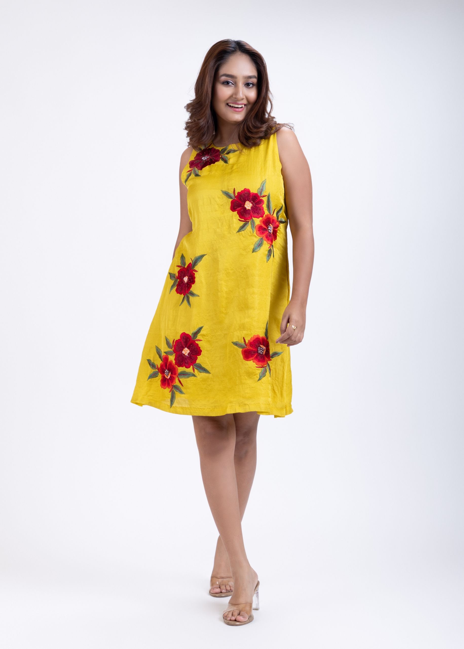 Yellow Short Dress With Embroidered Work Front
