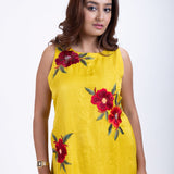 Yellow Short Dress With Embroidered Work Close Up
