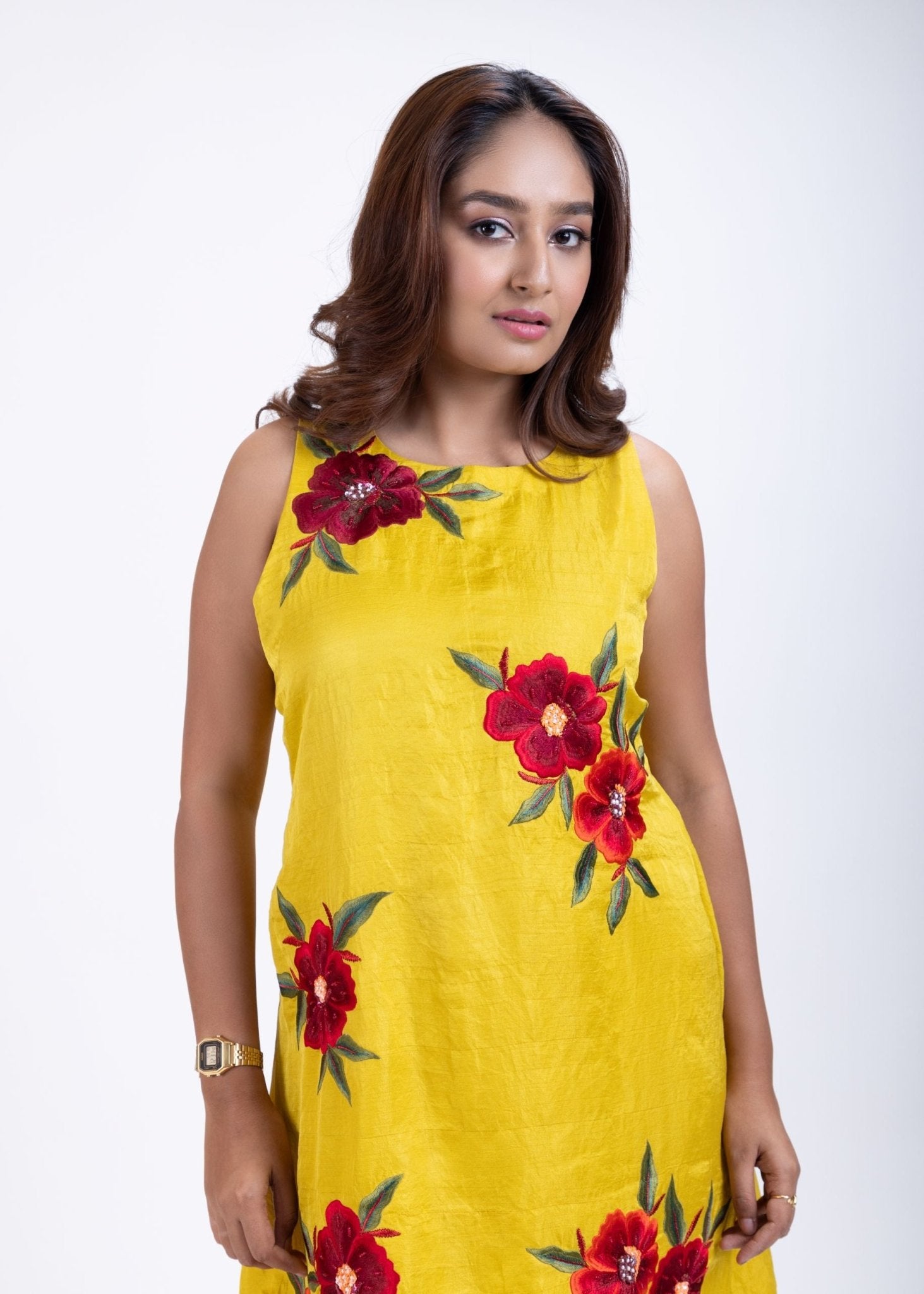 Yellow Short Dress With Embroidered Work - Anvi Couture