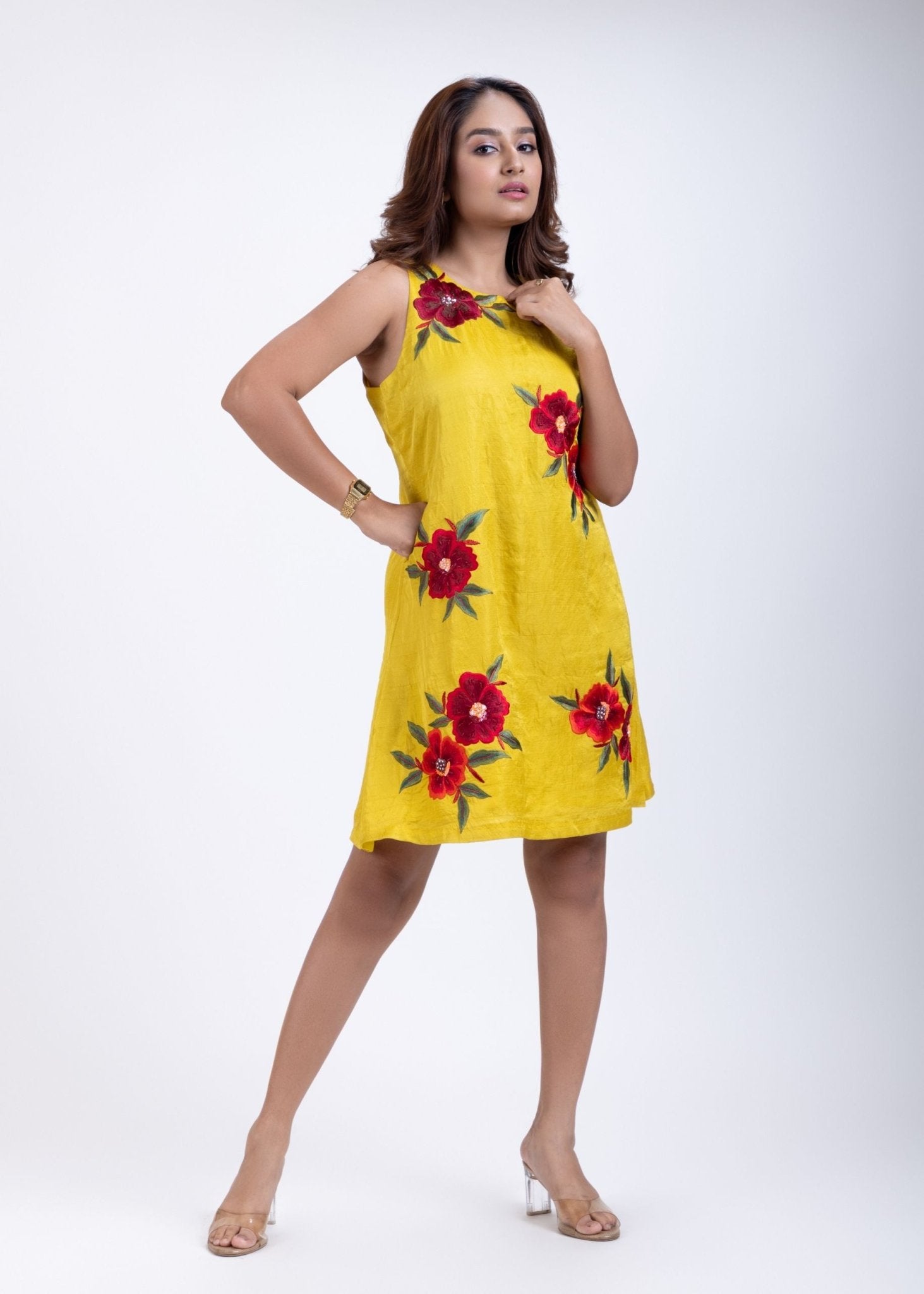 Yellow Short Dress With Embroidered Work - Anvi Couture