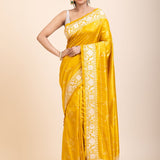 Yellow Silk Saree With White Floral Embroidered Border - Anvi Couture