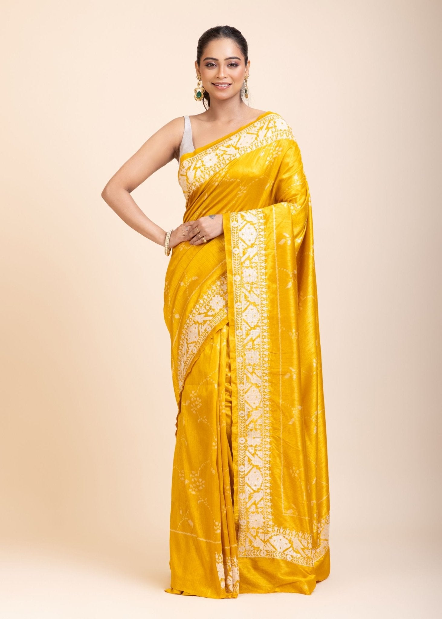 Yellow Silk Saree With White Floral Embroidered Border - Anvi Couture