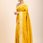 Yellow Silk Saree With White Floral Embroidered Border - Anvi Couture