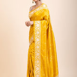 Yellow Silk Saree With White Floral Embroidered Border - Anvi Couture