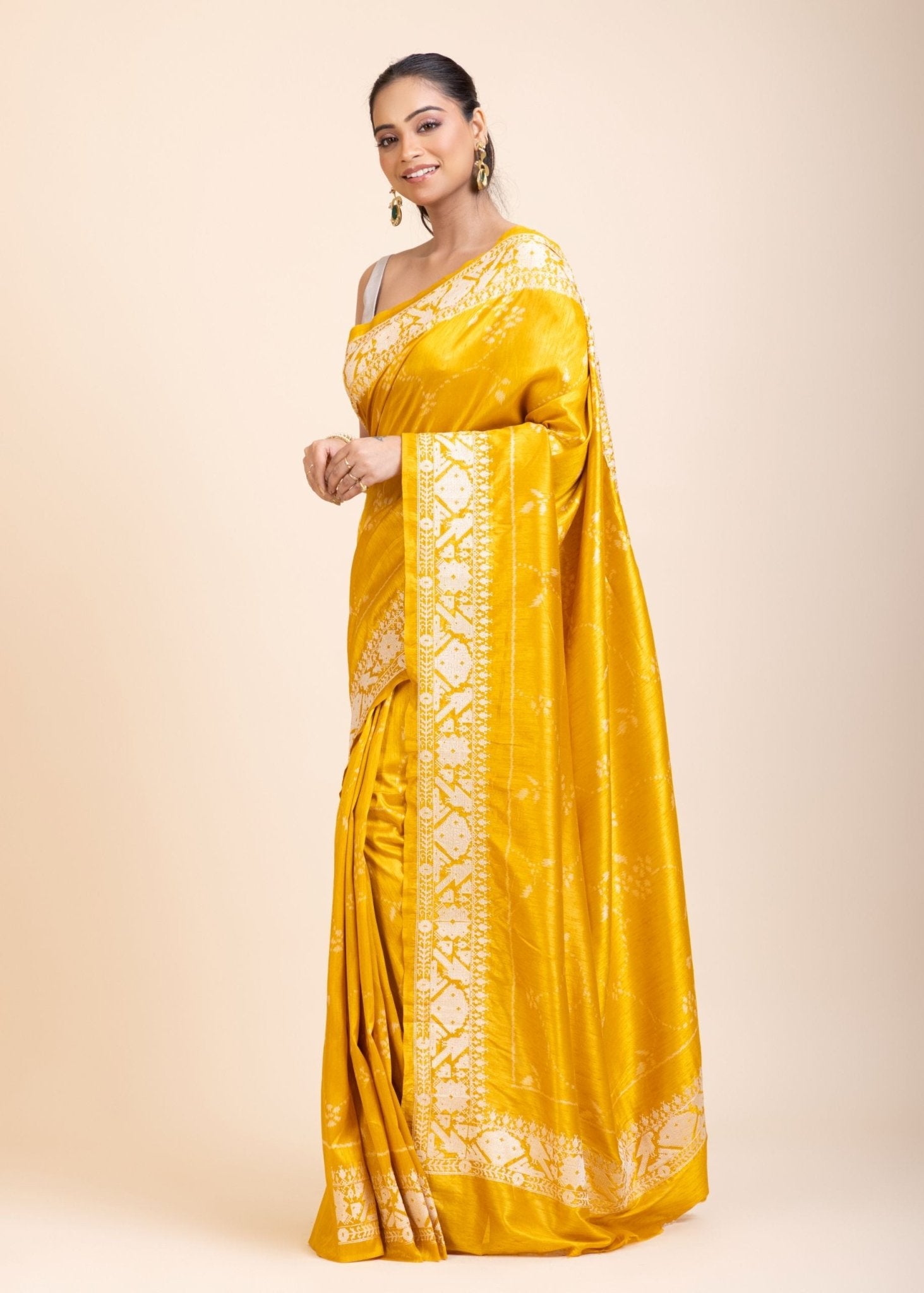 Yellow Silk Saree With White Floral Embroidered Border - Anvi Couture