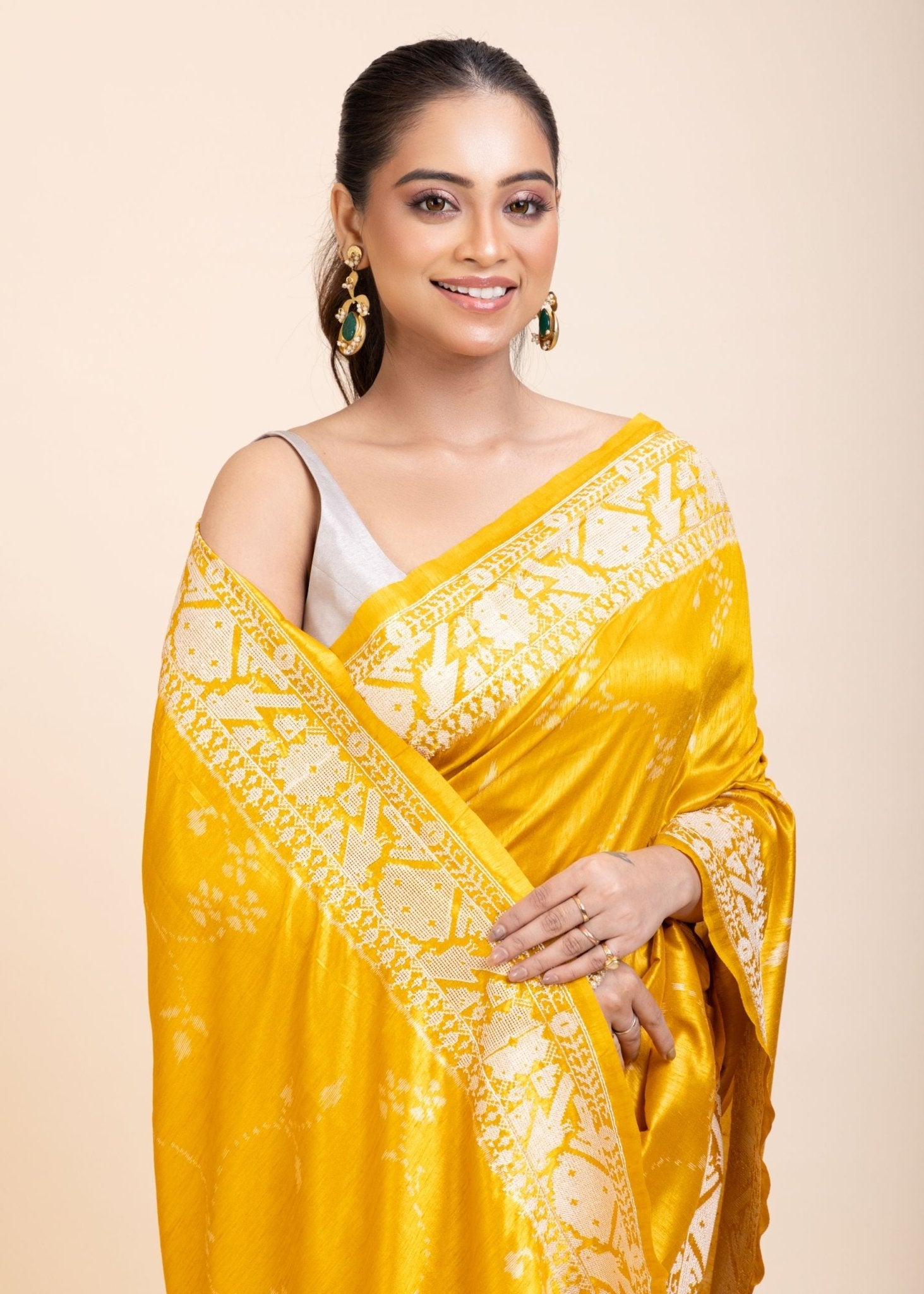 Yellow Silk Saree With White Floral Embroidered Border - Anvi Couture