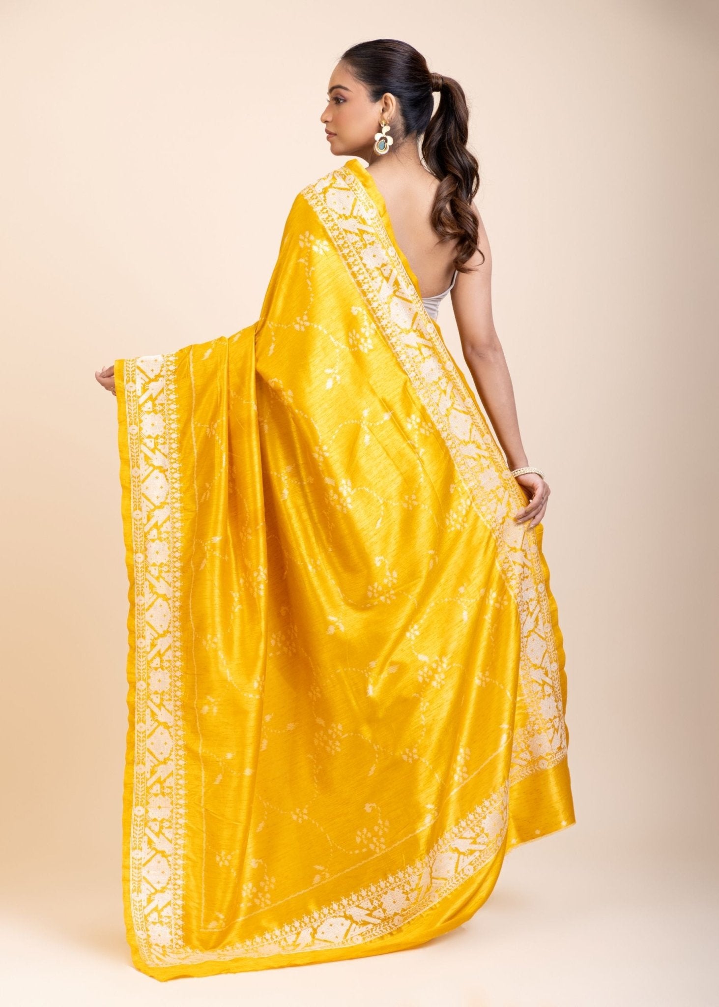 Yellow Silk Saree With White Floral Embroidered Border - Anvi Couture