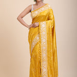 Yellow Silk Saree With White Floral Embroidered Border full