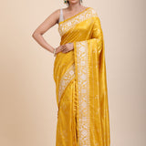 Yellow Silk Saree With White Floral Embroidered Border full