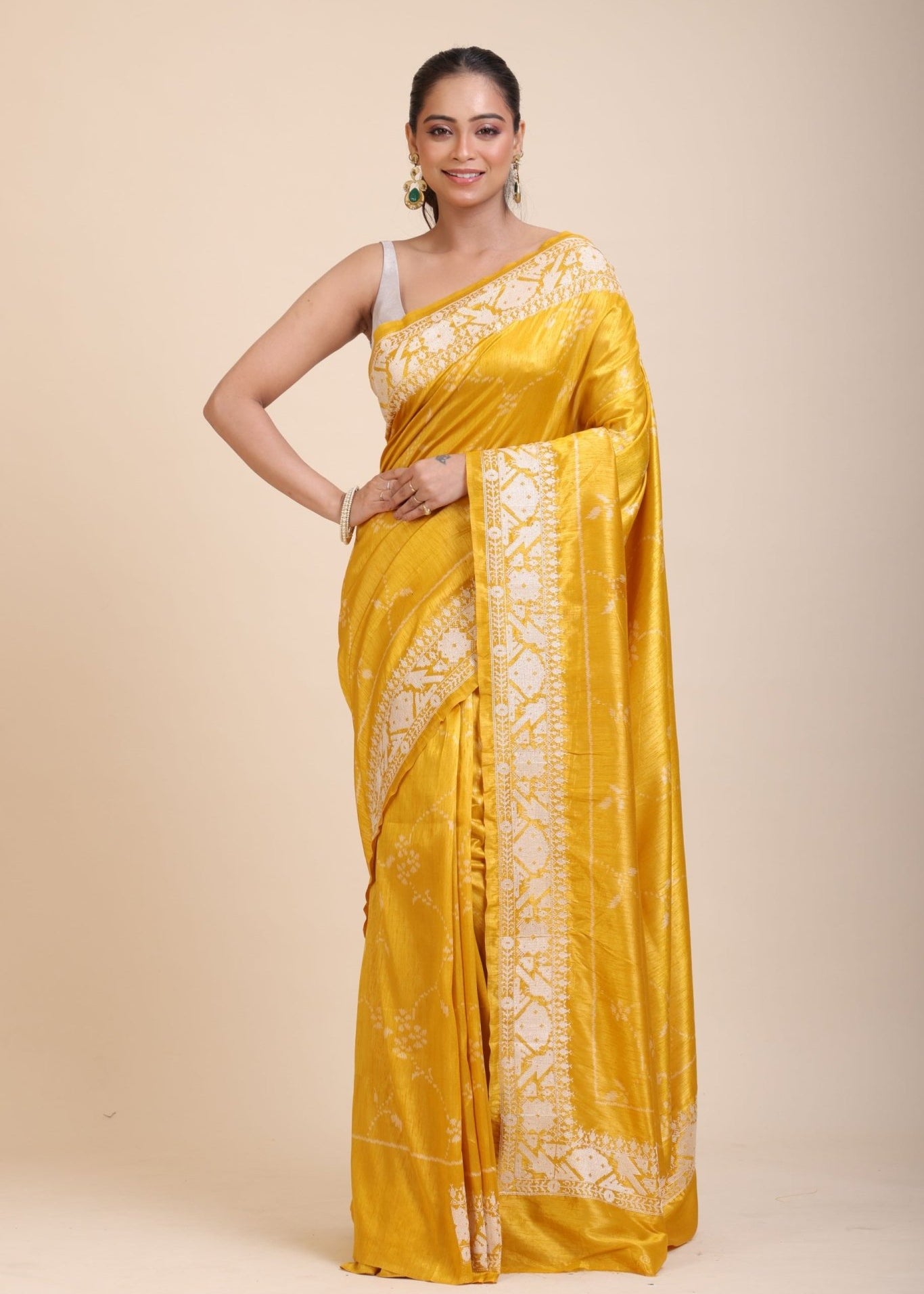 Yellow Silk Saree With White Floral Embroidered Border - Anvi Couture