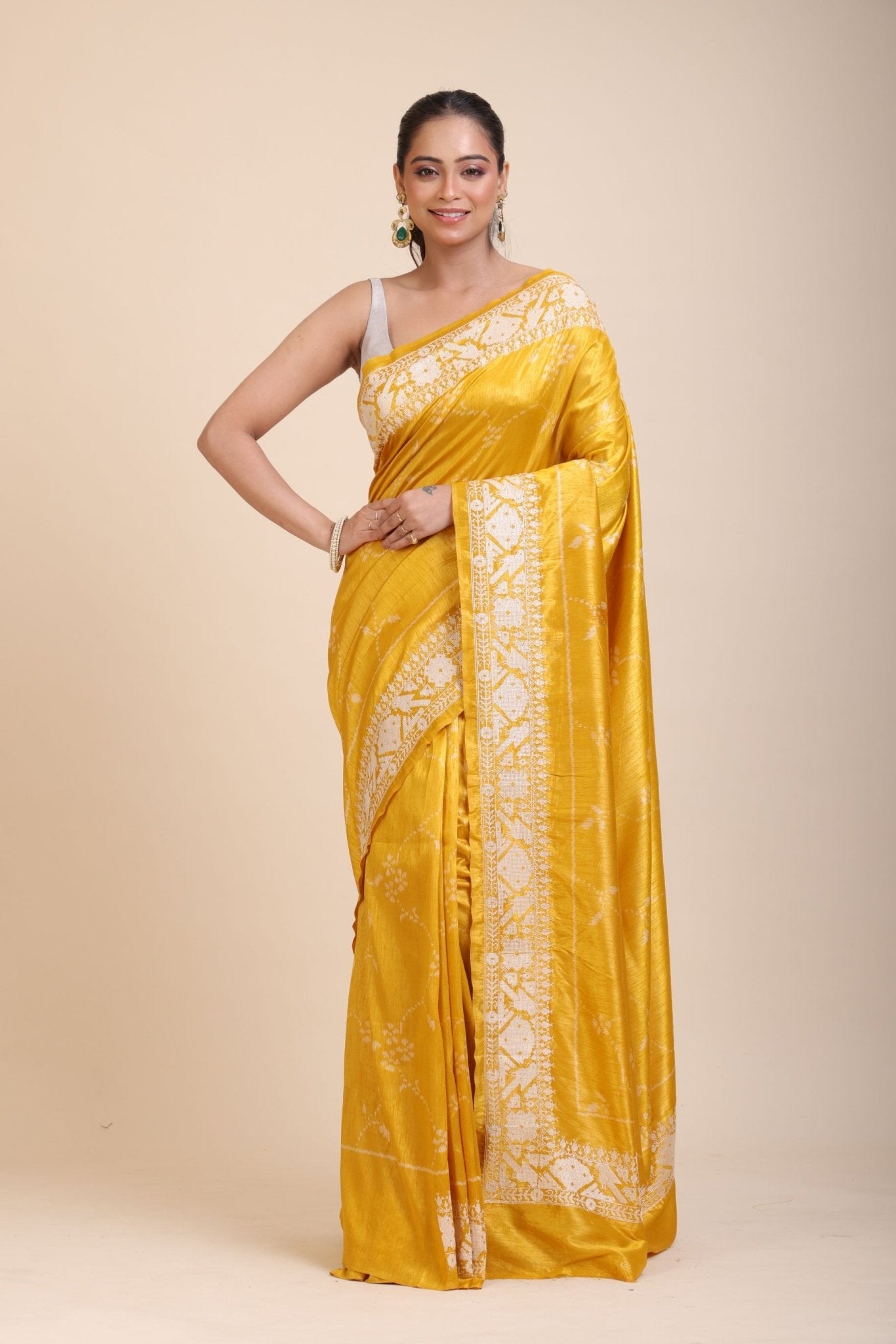 Yellow Silk Saree With White Floral Embroidered Border - Anvi Couture