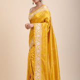 Yellow Silk Saree With White Floral Embroidered Border front