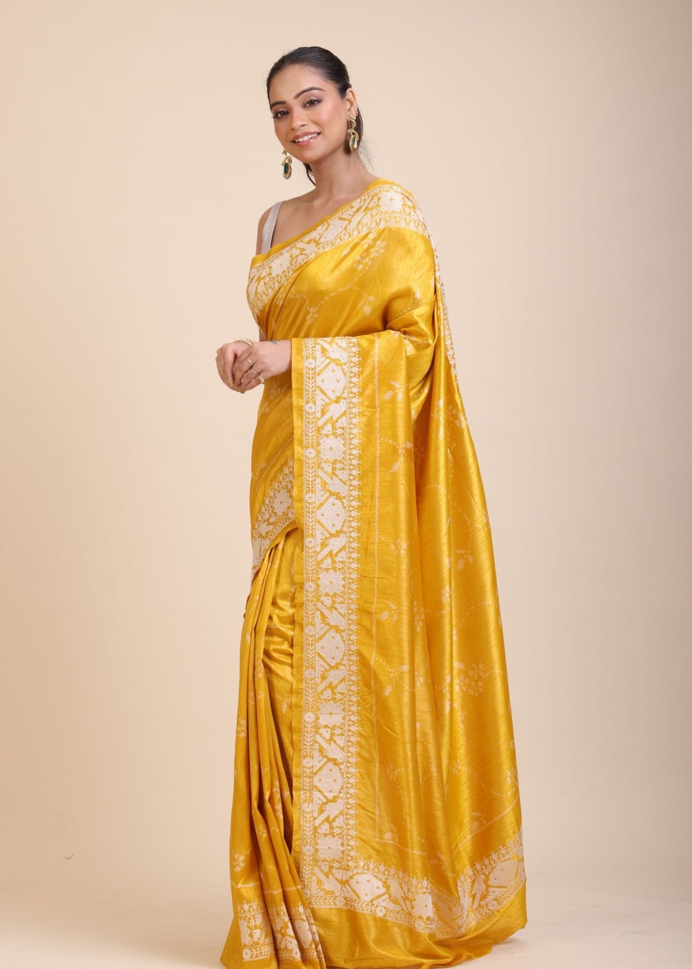Yellow Silk Saree With White Floral Embroidered Border - Anvi Couture
