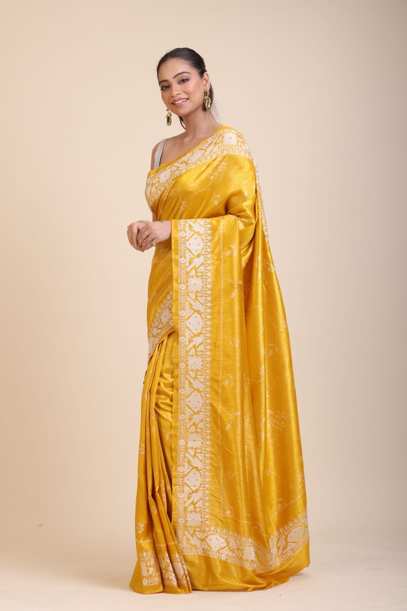 Yellow Silk Saree With White Floral Embroidered Border - Anvi Couture