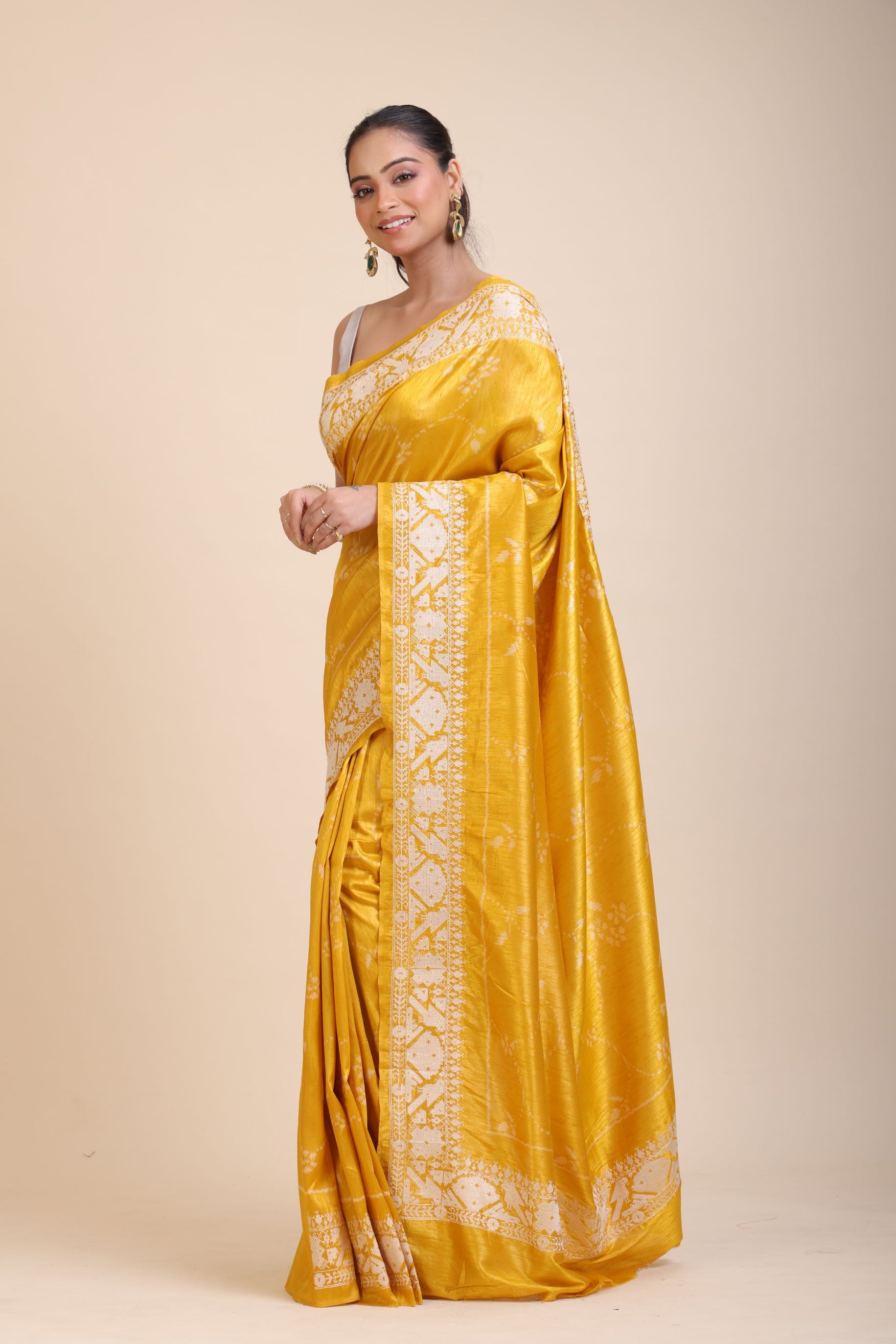 Yellow Silk Saree With White Floral Embroidered Border front