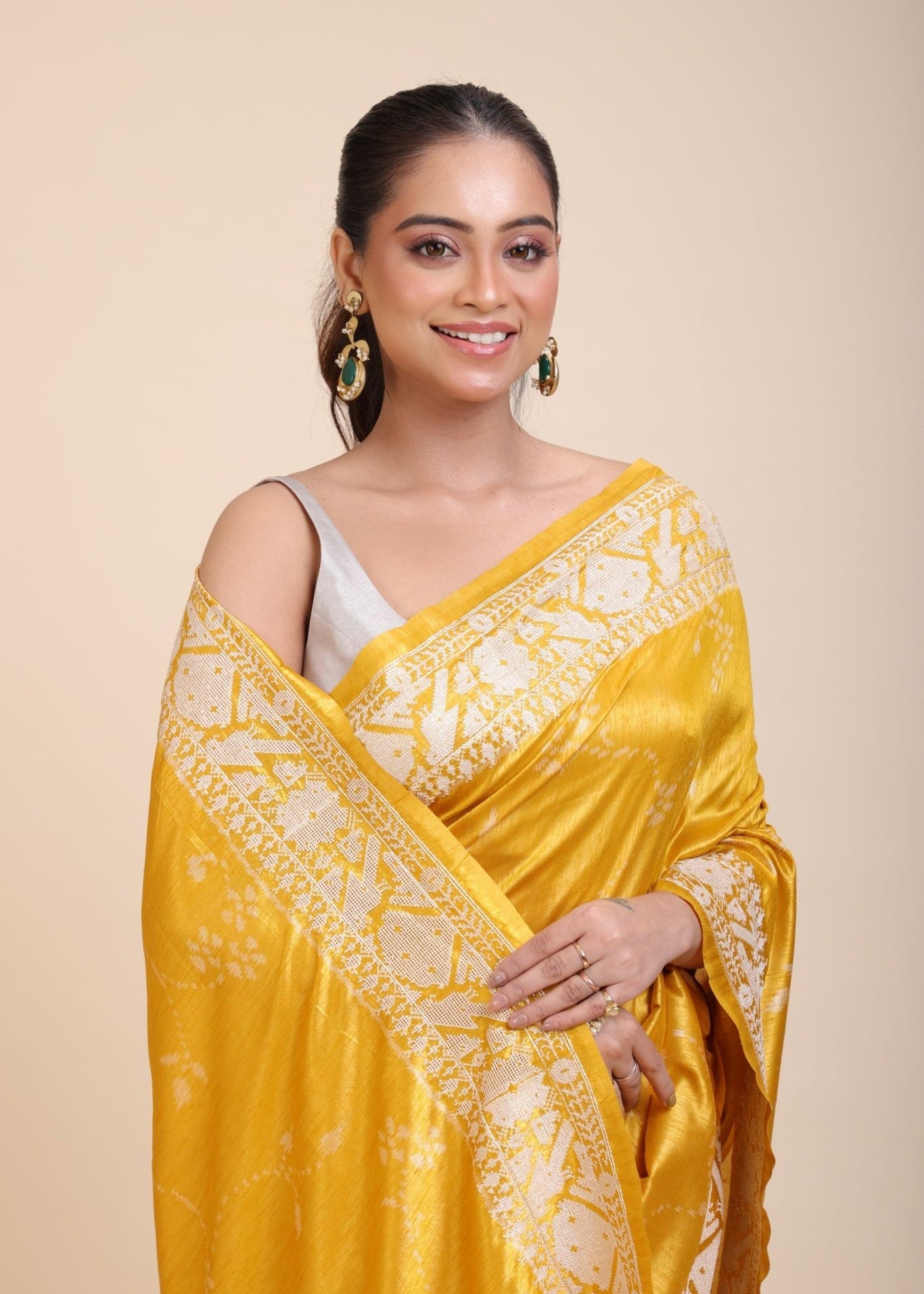 Yellow Silk Saree With White Floral Embroidered Border - Anvi Couture