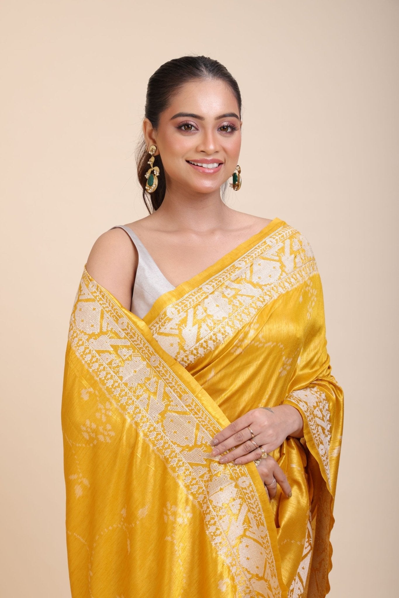 Yellow Silk Saree With White Floral Embroidered Border - Anvi Couture