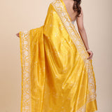 Yellow Silk Saree With White Floral Embroidered Border back