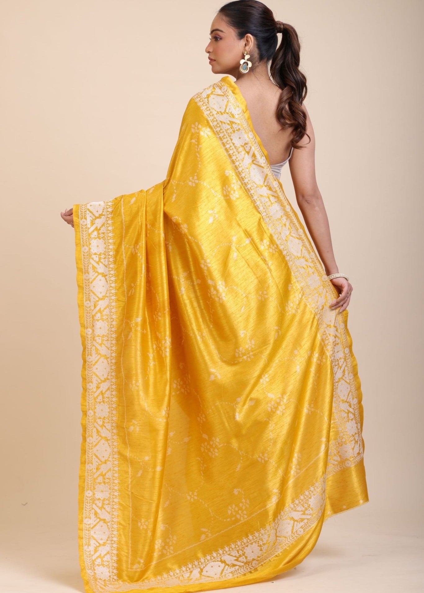 Yellow Silk Saree With White Floral Embroidered Border - Anvi Couture