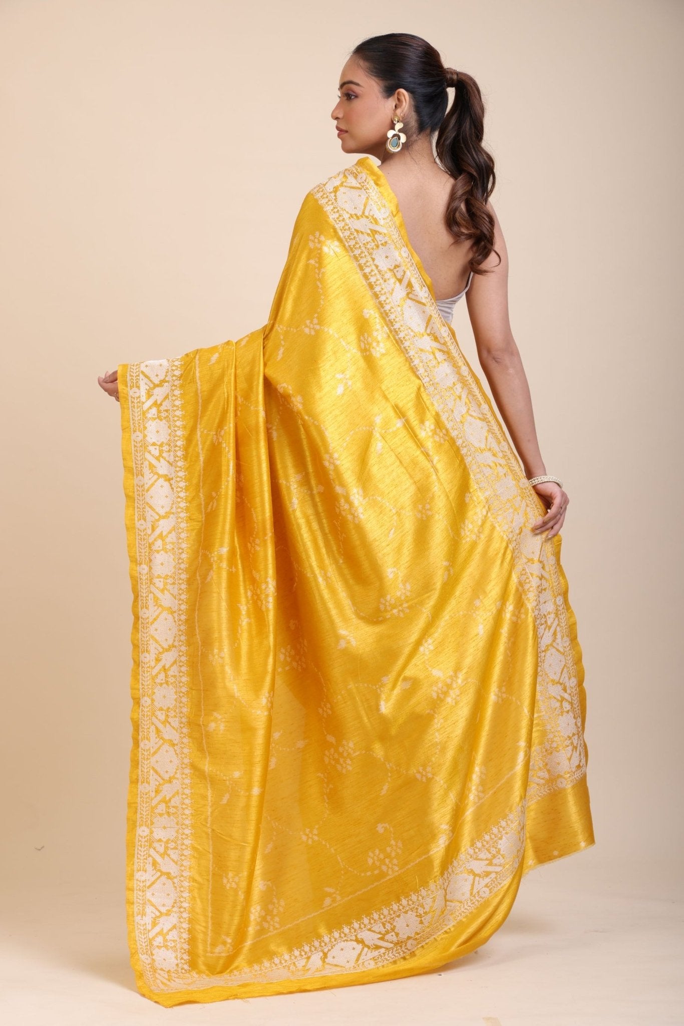 Yellow Silk Saree With White Floral Embroidered Border - Anvi Couture