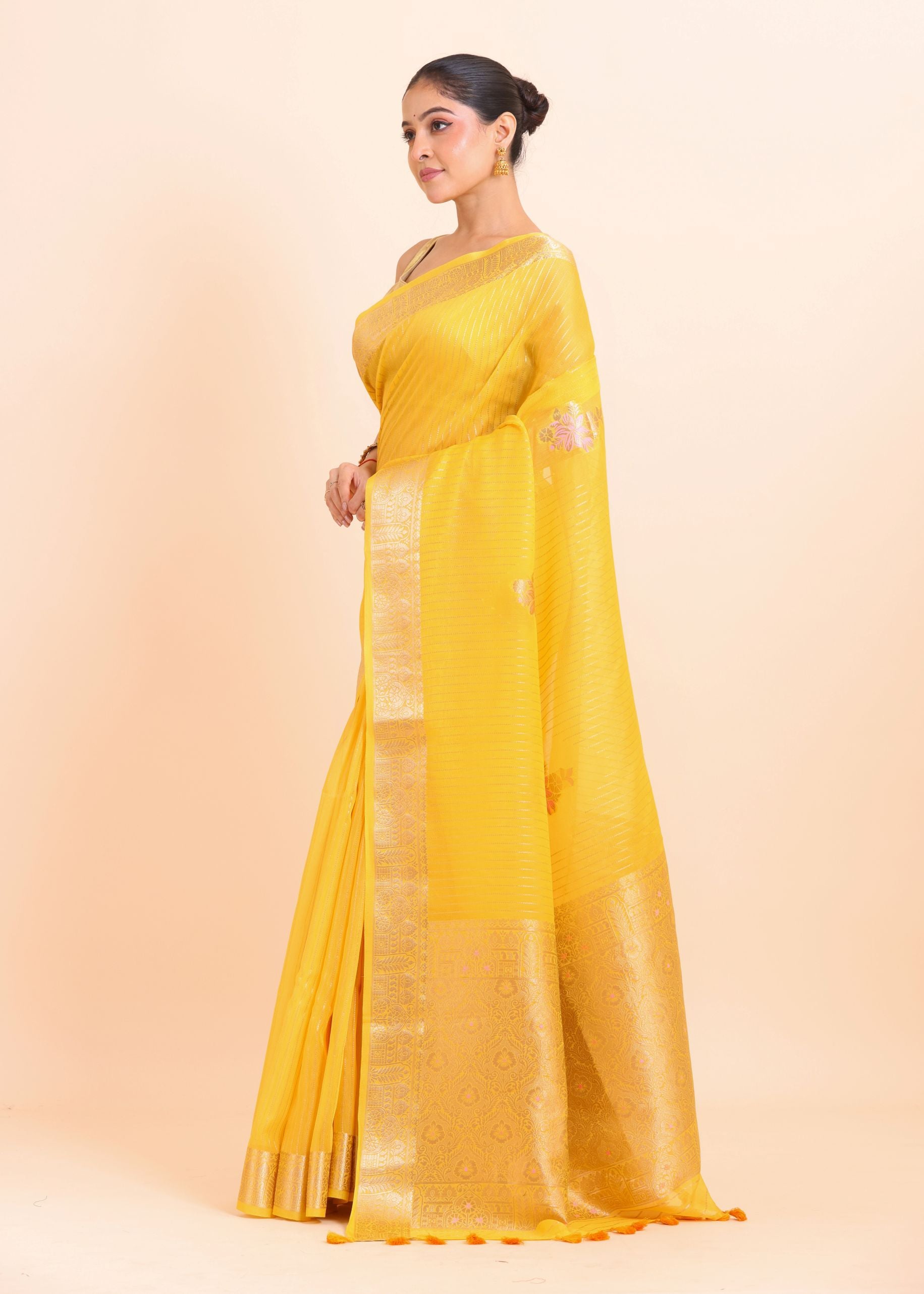 Yellow Silk Saree with Golden Border and Pallu front