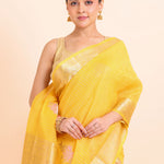 Yellow Silk Saree with Golden Border and Pallu close up