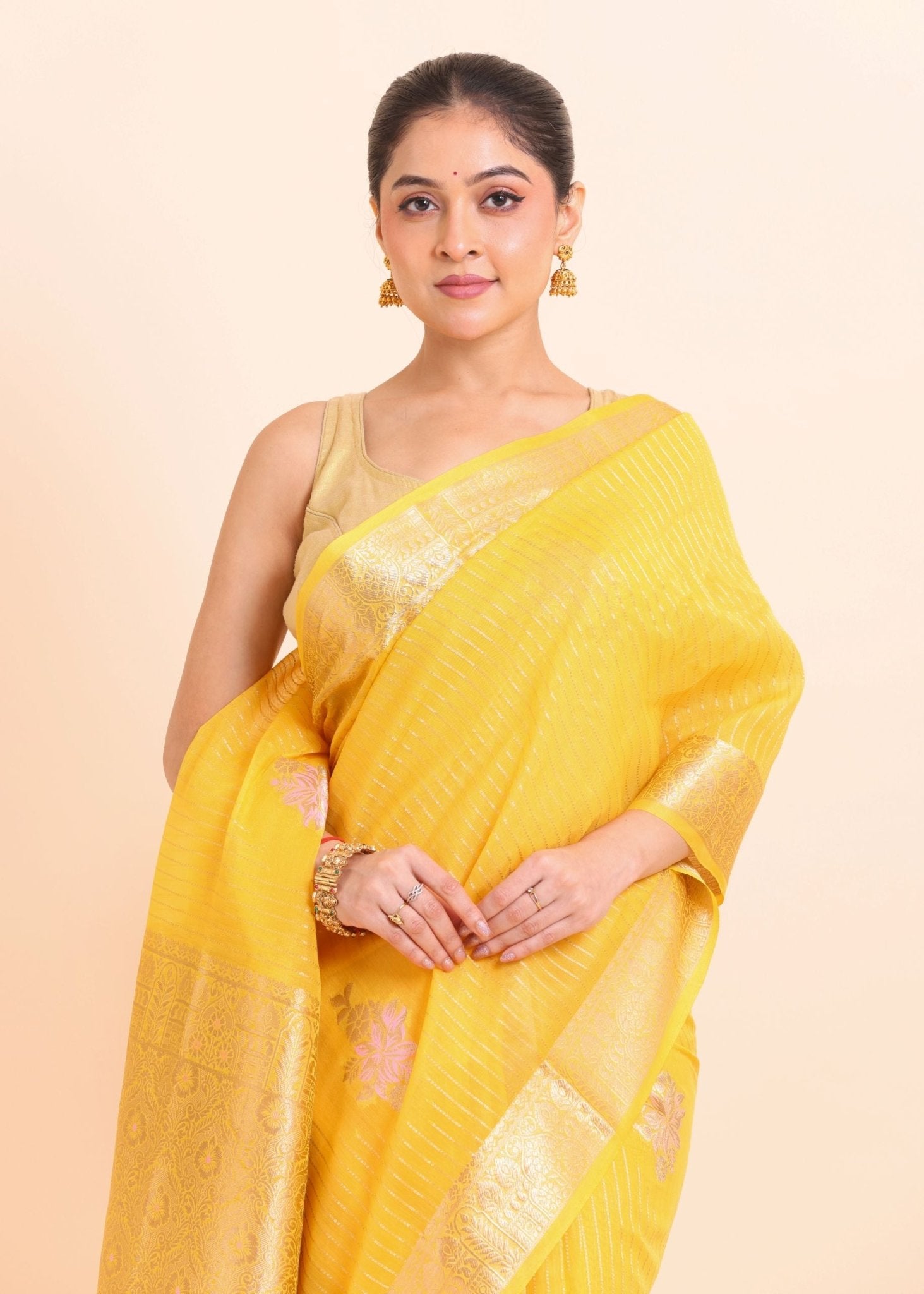 Yellow Silk Saree with Golden Border and Pallu - Anvi Couture