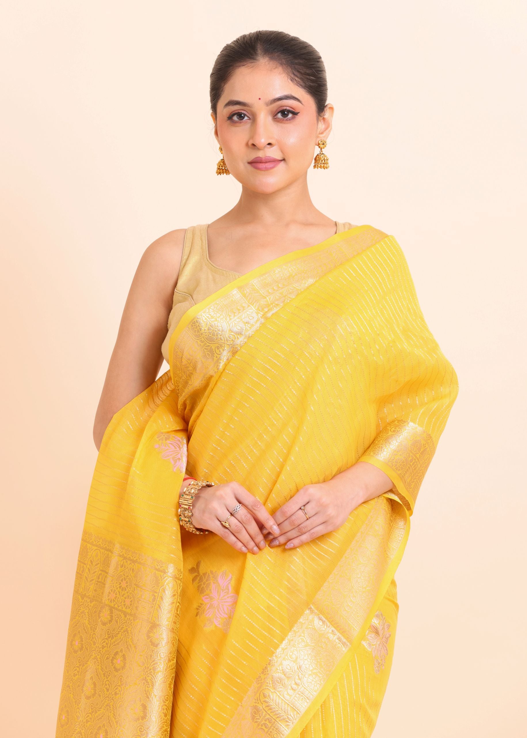 Yellow Silk Saree with Golden Border and Pallu close up