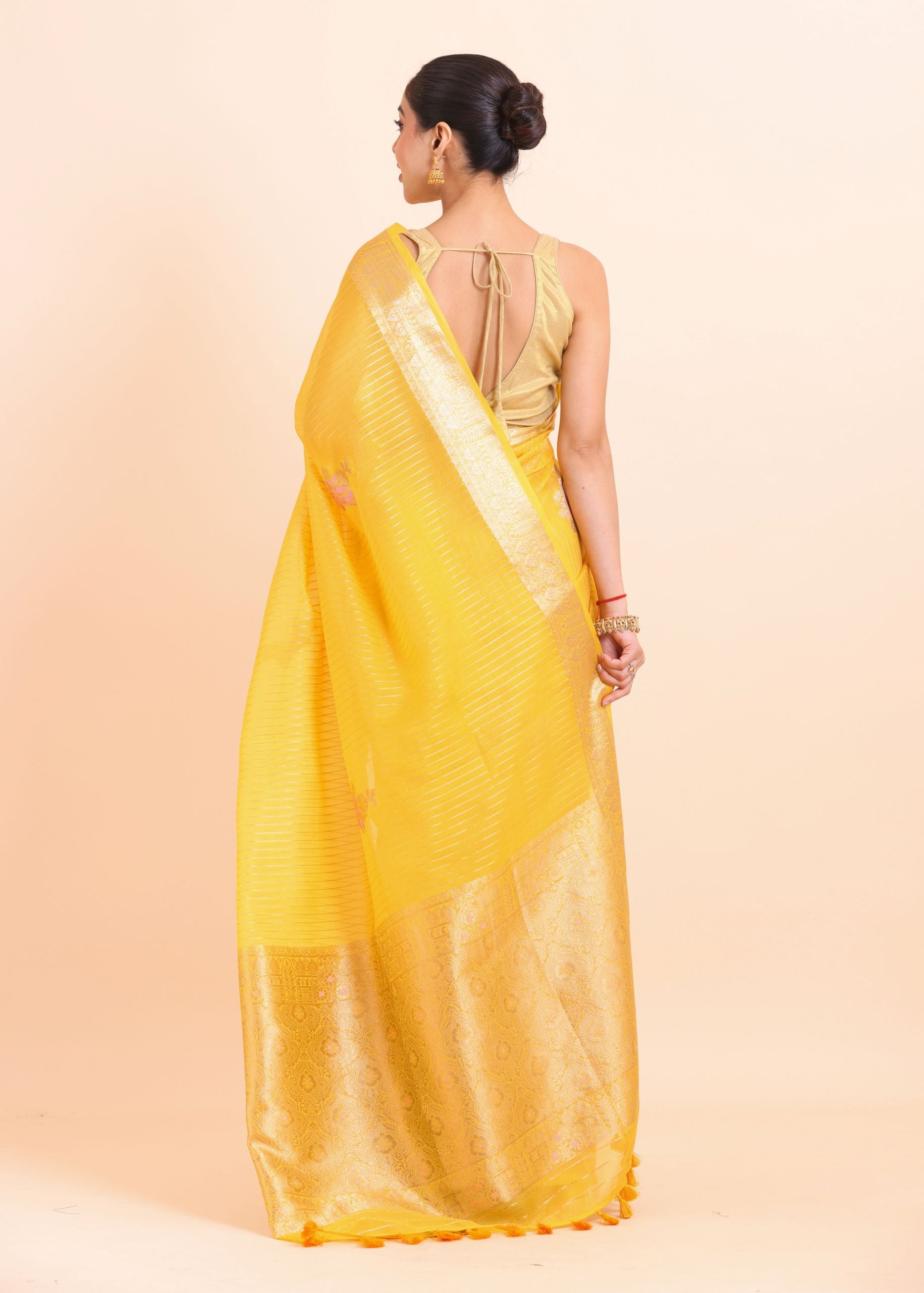 Yellow Silk Saree with Golden Border and Pallu back