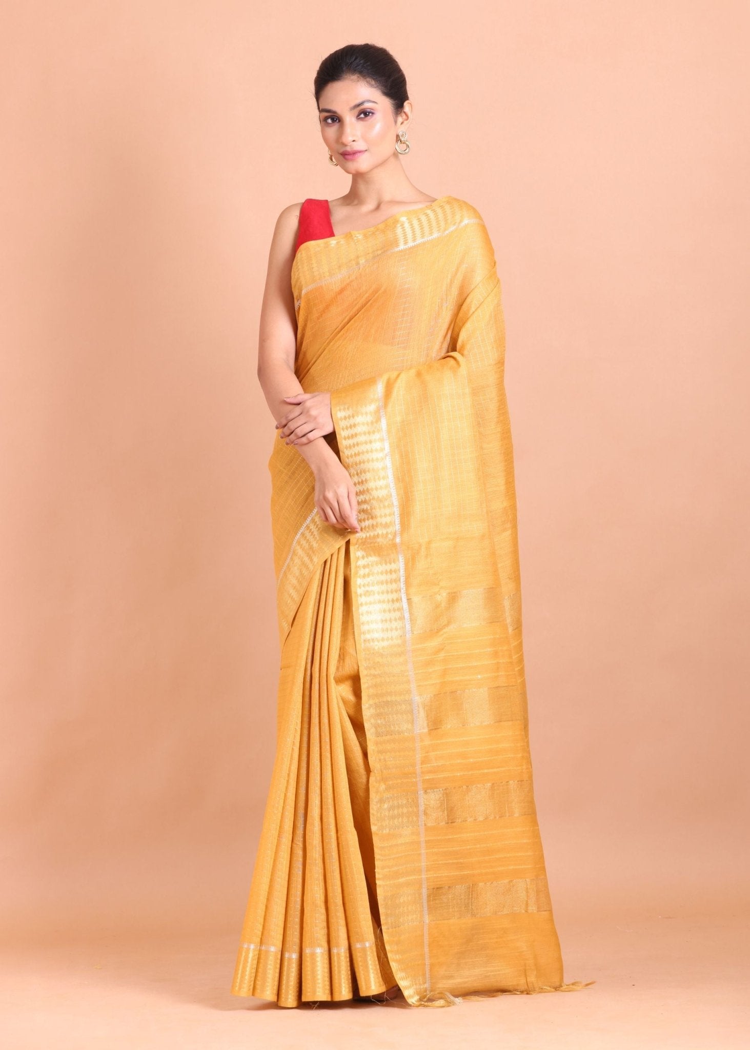 Yellow Silk Saree with Golden Border - Anvi Couture
