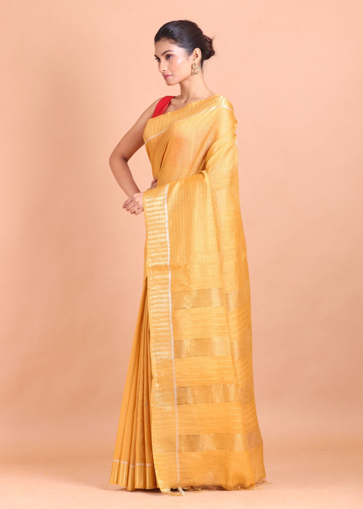 Yellow Silk Saree with Golden Border - Anvi Couture