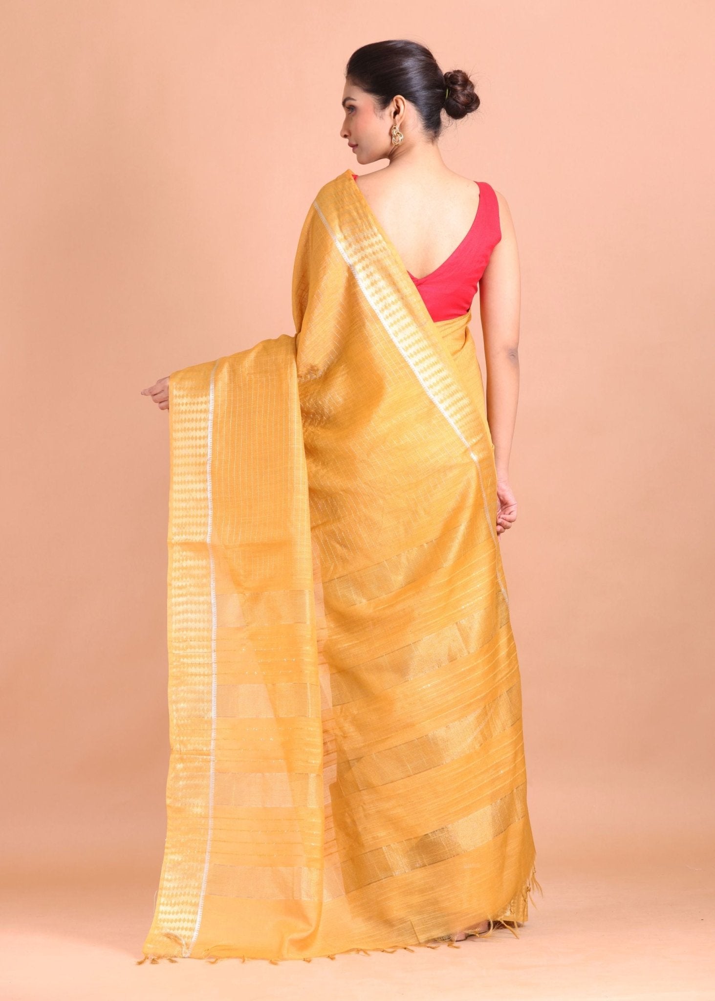 Yellow Silk Saree with Golden Border - Anvi Couture