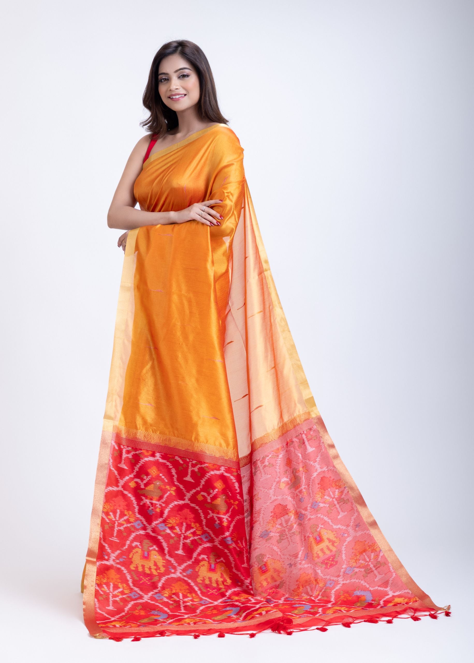 Yellow Silk Saree with Red Patola Pallu Front
