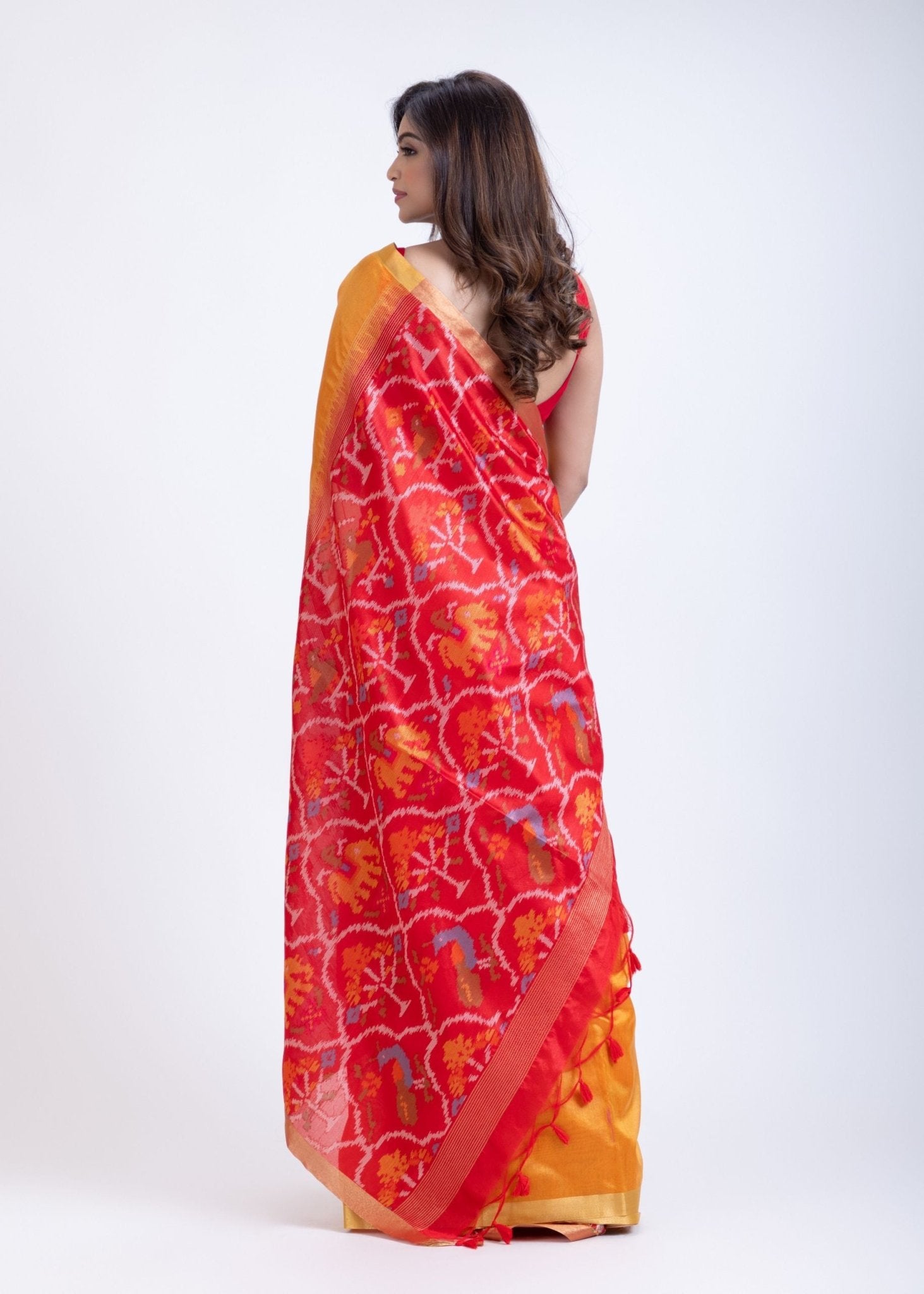 Yellow Silk Saree with Red Patola Pallu - Anvi Couture