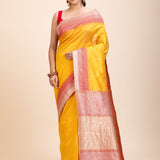 Yellow Soft Silk Saree With Red Border - Anvi Couture