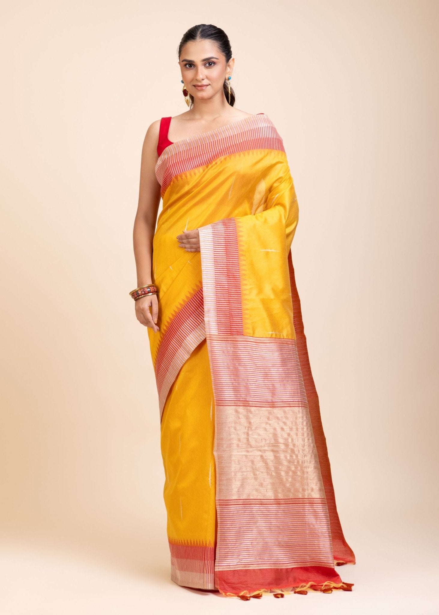 Yellow Soft Silk Saree With Red Border - Anvi Couture