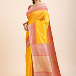 Yellow Soft Silk Saree With Red Border - Anvi Couture