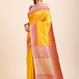Yellow Soft Silk Saree With Red Border - Anvi Couture