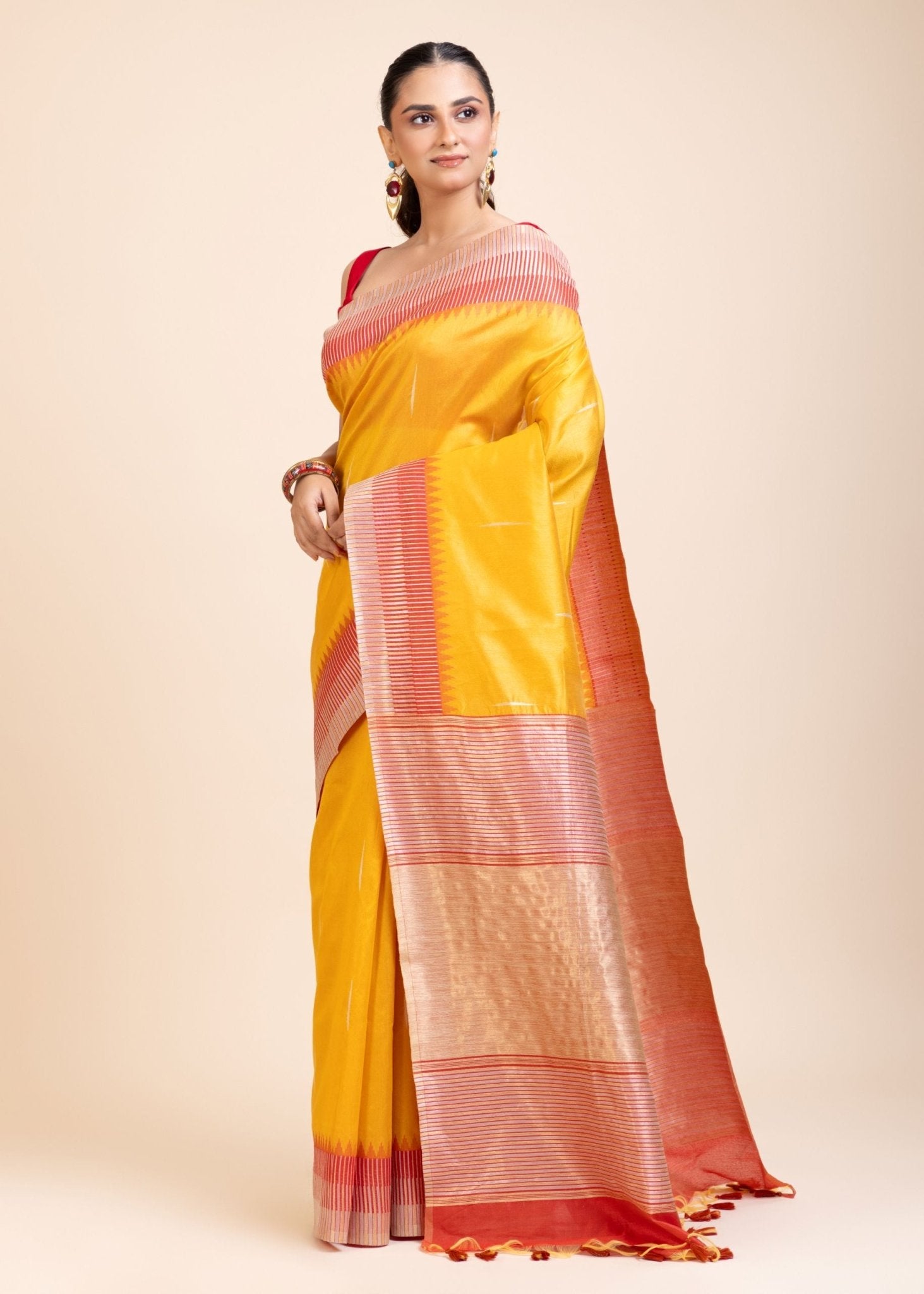 Yellow Soft Silk Saree With Red Border - Anvi Couture