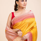 Yellow Soft Silk Saree With Red Border - Anvi Couture