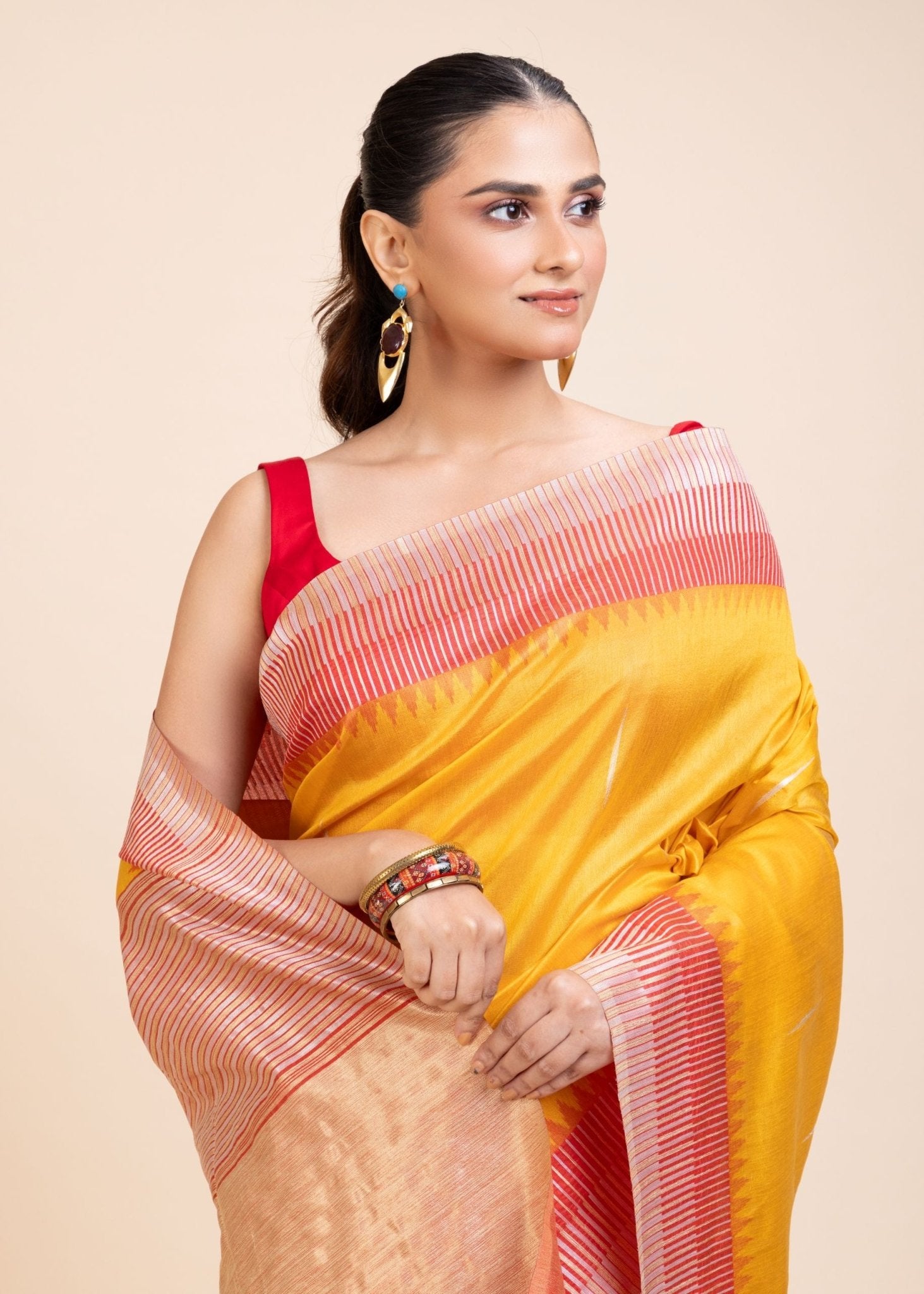 Yellow Soft Silk Saree With Red Border - Anvi Couture
