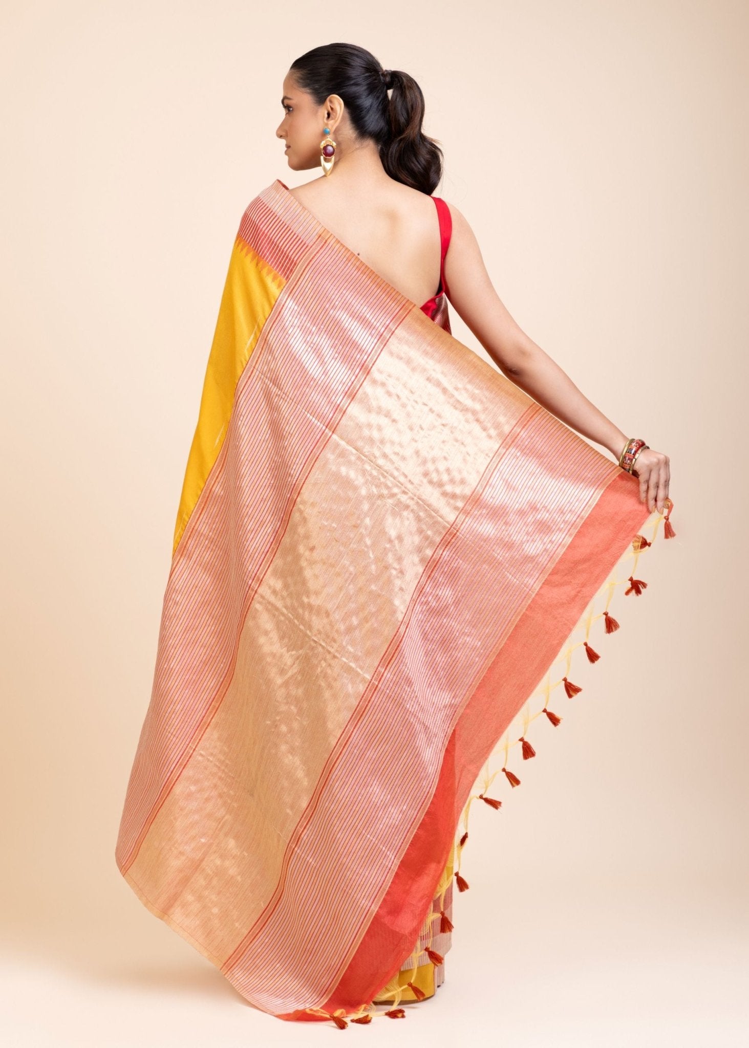Yellow Soft Silk Saree With Red Border - Anvi Couture