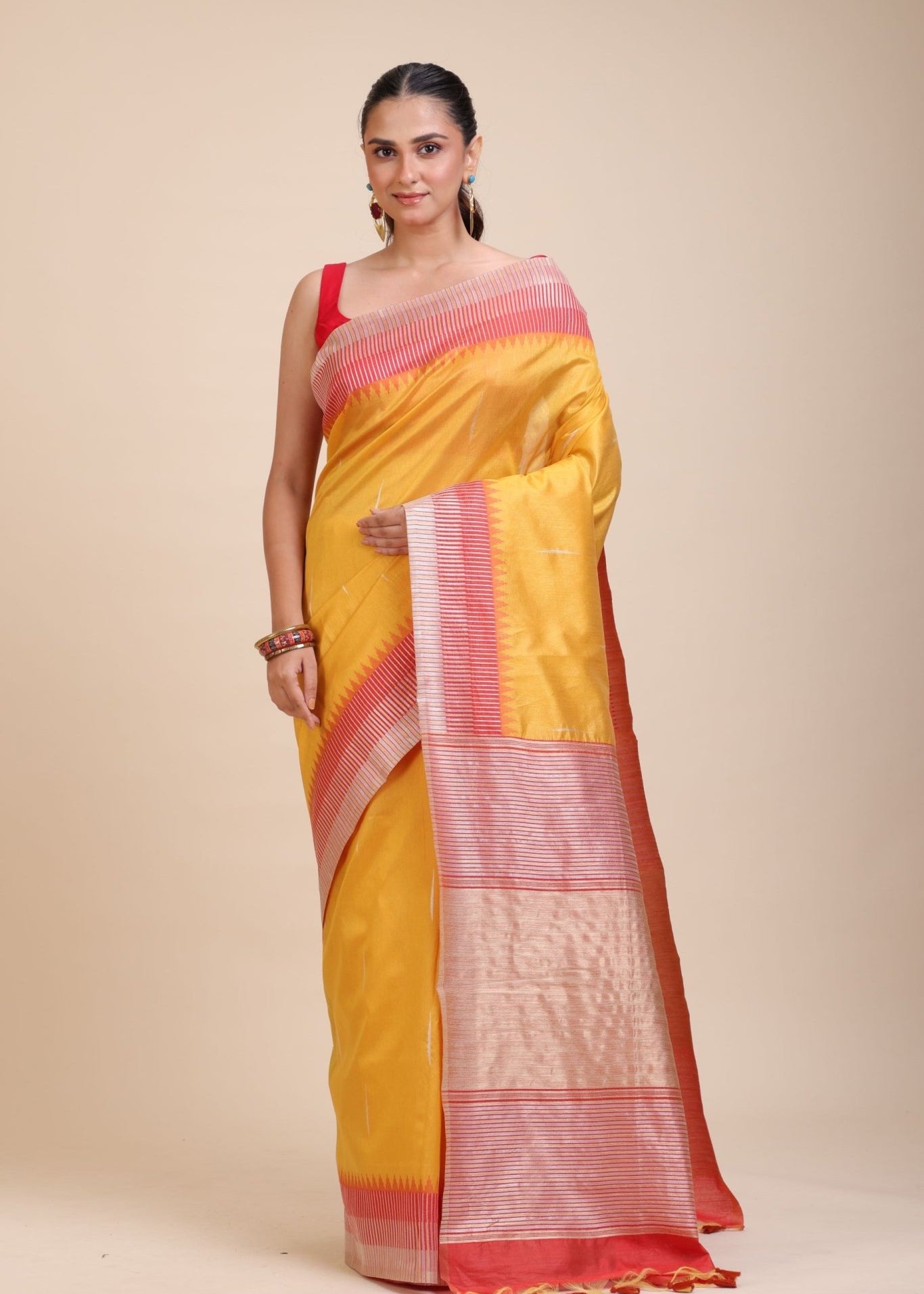 Yellow Soft Silk Saree With Red Border - Anvi Couture