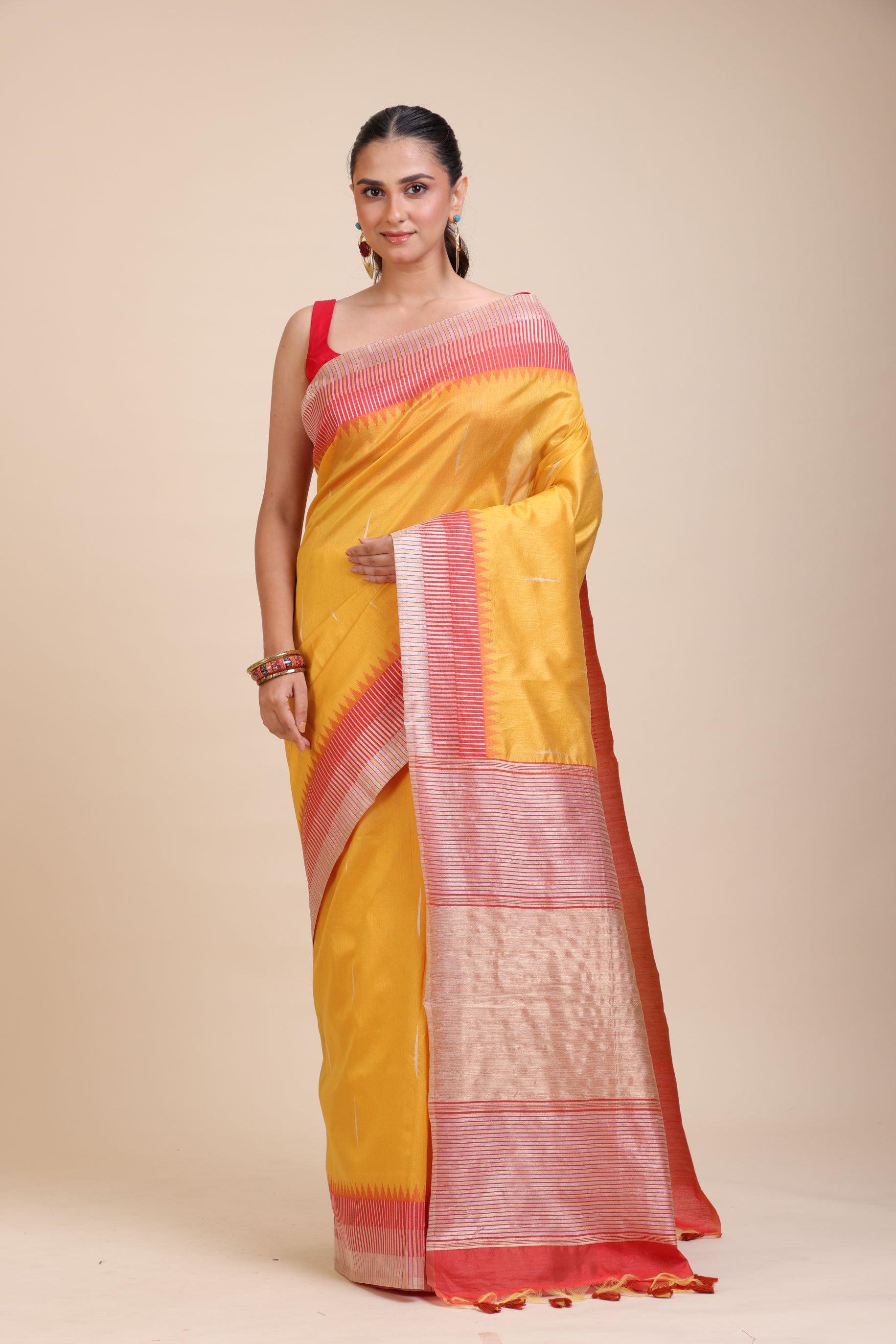 Yellow Soft Silk Saree With Red Border Full
