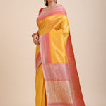 Yellow Soft Silk Saree With Red Border Front
