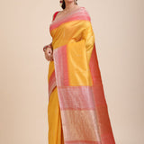 Yellow Soft Silk Saree With Red Border Front
