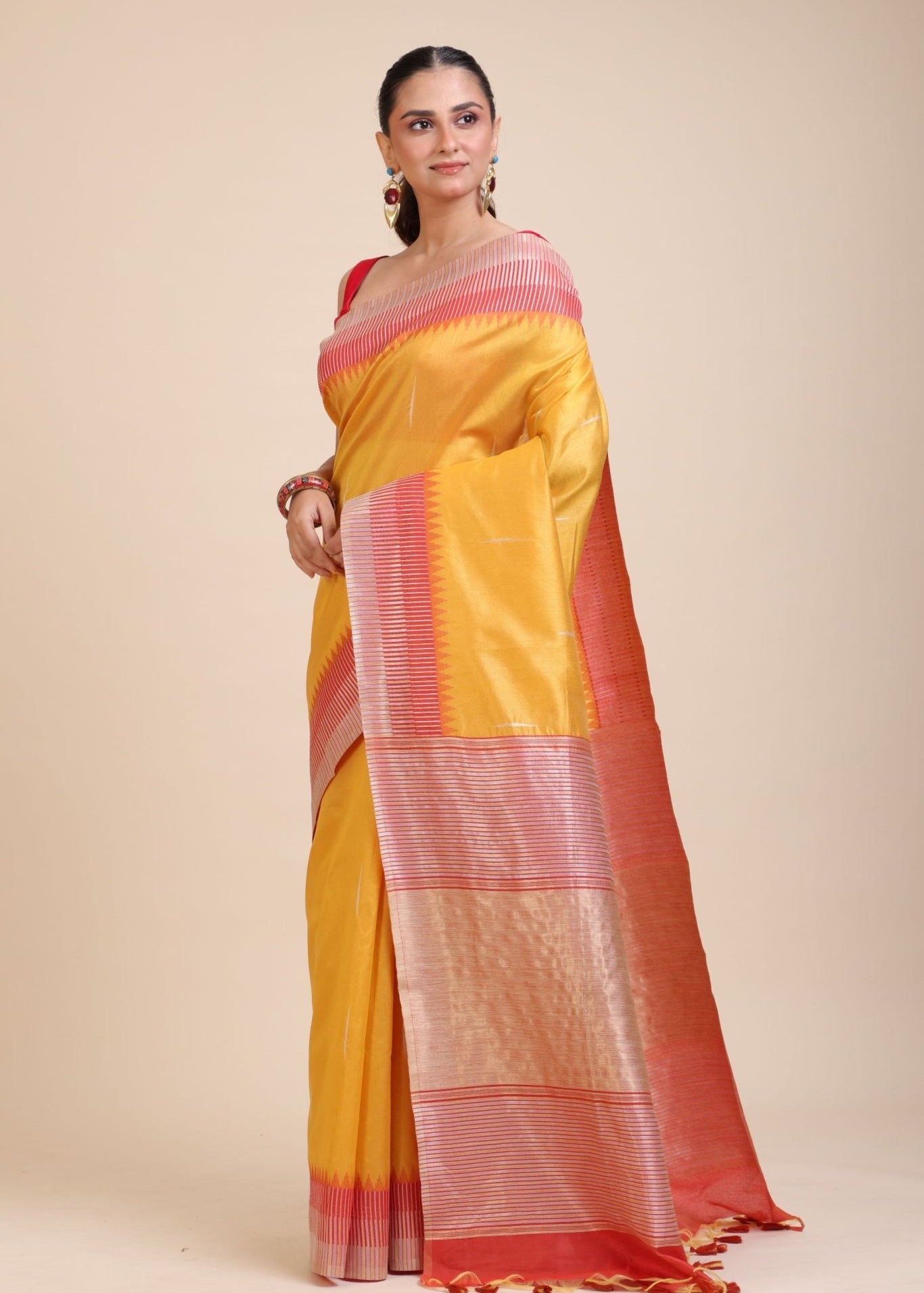 Yellow Soft Silk Saree With Red Border - Anvi Couture